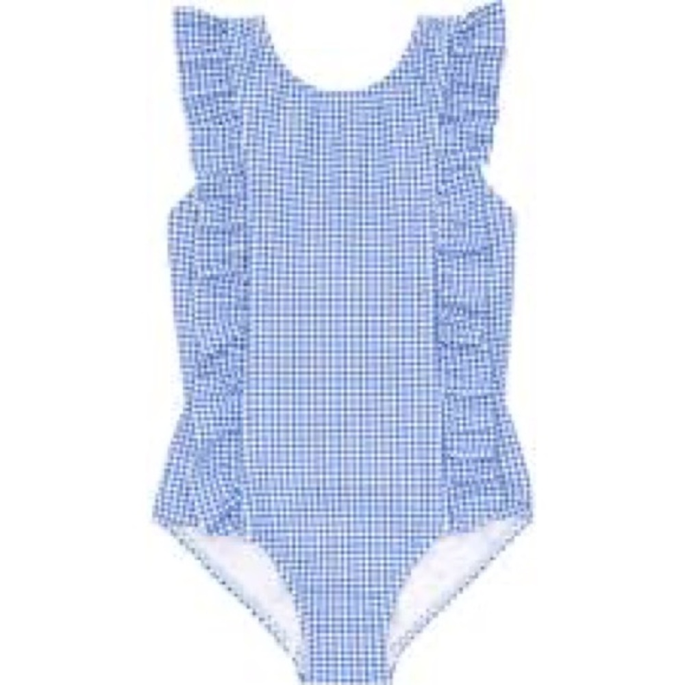 Minnow NWT Girls Sky Blue Gingham Ruffle One Piece Sz 13-14 L